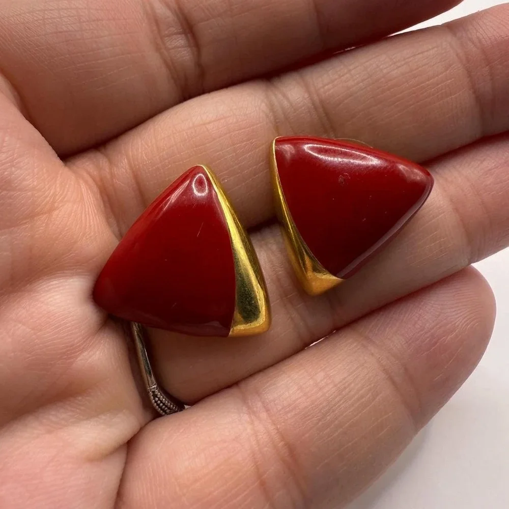 Vintage‎ Monet Red Enamel Triangle Stud Earrings Gold Tone Signed